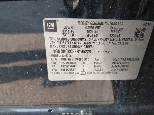 45857308 :رقم المزاد ، 1GNSKCKC8FR145228 vin ، 2015 Chevrolet Tahoe Ltz مزاد بيع