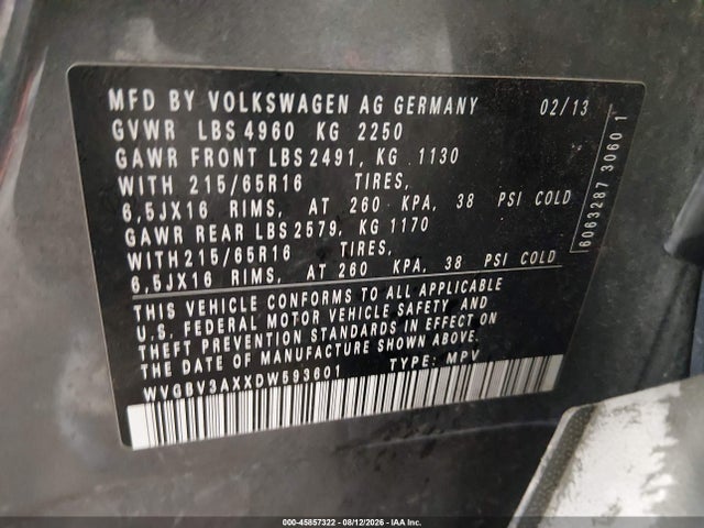 2013 Volkswagen Tiguan S მანქანა იყიდება აუქციონზე, vin: WVGBV3AXXDW593601, აუქციონის ნომერი: 45857322