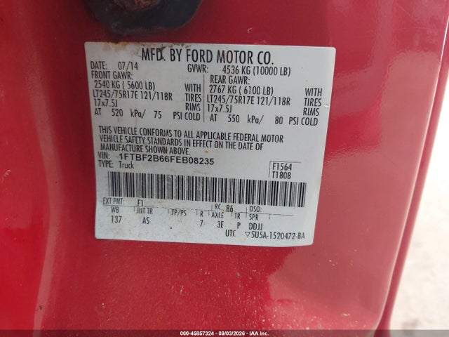 45857324 :رقم المزاد ، 1FTBF2B66FEB08235 vin ، 2015 Ford F-250 Xl مزاد بيع