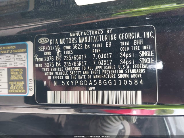 45857327 :رقم المزاد ، 5XYPGDA58GG110584 vin ، 2016 Kia Sorento 3.3l Lx مزاد بيع