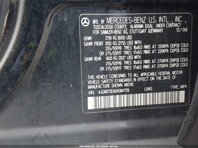 1999 Mercedes-benz Ml 430 მანქანა იყიდება აუქციონზე, vin: 4JGAB72E8XA084729, აუქციონის ნომერი: 45857328