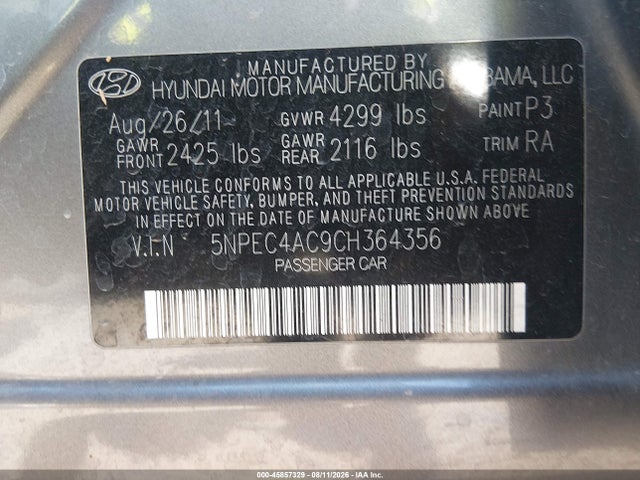 45857329 :رقم المزاد ، 5NPEC4AC9CH364356 vin ، 2012 Hyundai Sonata Se مزاد بيع