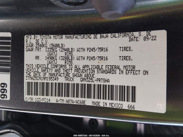 Продаж на аукціоні авто 2022 Toyota Tacoma Sr5 V6, vin: 3TMAZ5CN1NM195349, номер лоту: 45857334