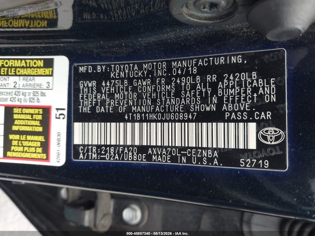 Toyota CAMRY LE 2018 4T1B11HK0JU608947 Image 9