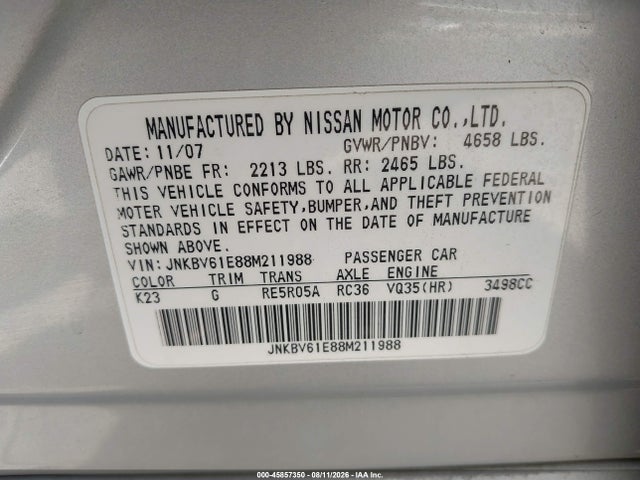 Продаж на аукціоні авто 2008 Infiniti G35 Journey, vin: JNKBV61E88M211988, номер лоту: 45857350