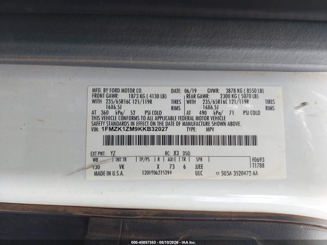 Продажа на аукционе авто 2019 Ford Transit-150 Xl, vin: 1FMZK1ZM9KKB32027, номер лота: 45857353