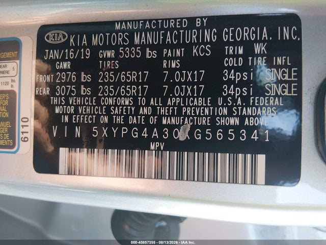 Продаж на аукціоні авто 2019 Kia Sorento 2.4l L, vin: 5XYPG4A30KG565341, номер лоту: 45857355