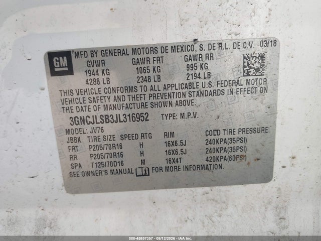 45857357 :رقم المزاد ، 3GNCJLSB3JL316952 vin ، 2018 Chevrolet Trax Lt مزاد بيع