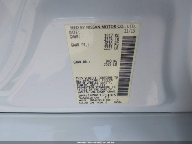 1N4AL3AP9GC125005 Nissan Altima 2.5 Sv