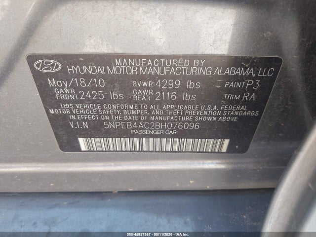 Продаж на аукціоні авто 2011 Hyundai Sonata Gls, vin: 5NPEB4AC2BH076096, номер лоту: 45857367
