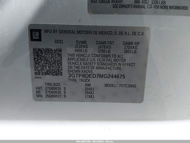 Aukcja sprzedaży 2021 Gmc Sierra 1500 2wd  Short Box Slt, vin: 3GTP8DED7MG244675, numer aukcji: 45857369