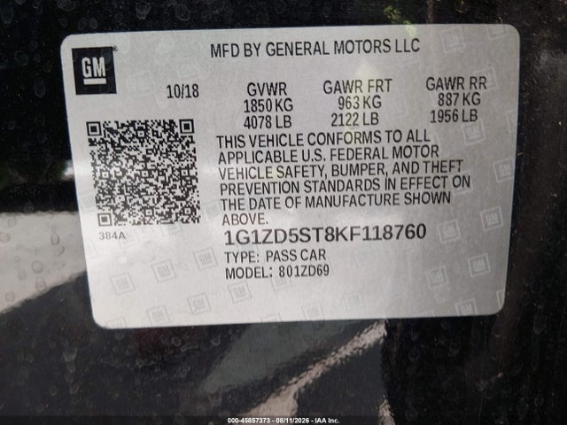 Auction sale of the 2019 Chevrolet Malibu Lt, vin: 1G1ZD5ST8KF118760, lot number: 45857373