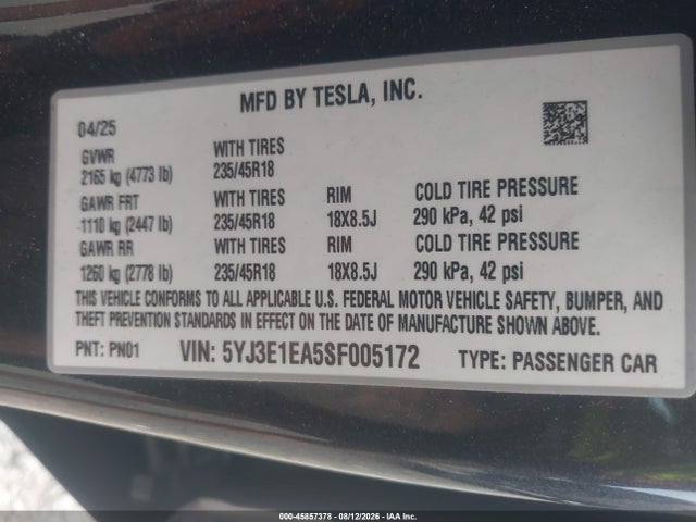 Продаж на аукціоні авто 2025 Tesla Model 3 Long Range Rear-wheel Drive/standard Rear-wheel Drive, vin: 5YJ3E1EA5SF005172, номер лоту: 45857378