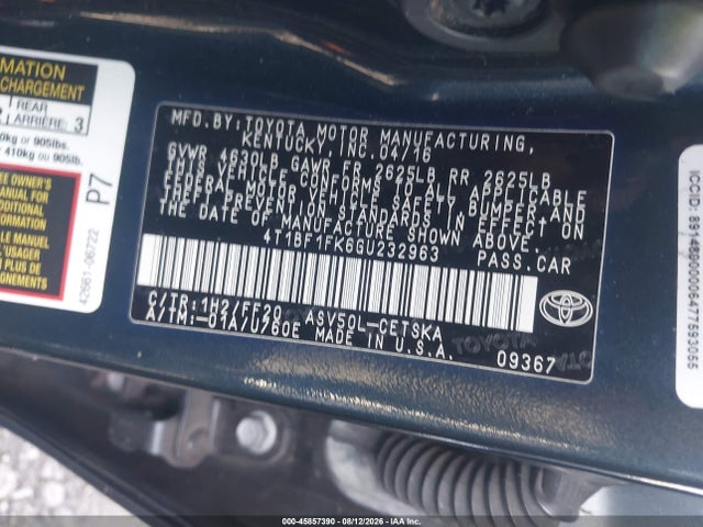 45857390 :رقم المزاد ، 4T1BF1FK6GU232963 vin ، 2016 Toyota Camry Se مزاد بيع