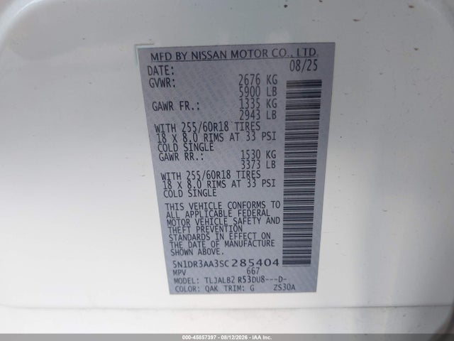 45857397 :رقم المزاد ، 5N1DR3AA3SC285404 vin ، 2025 Nissan Pathfinder S Fwd مزاد بيع