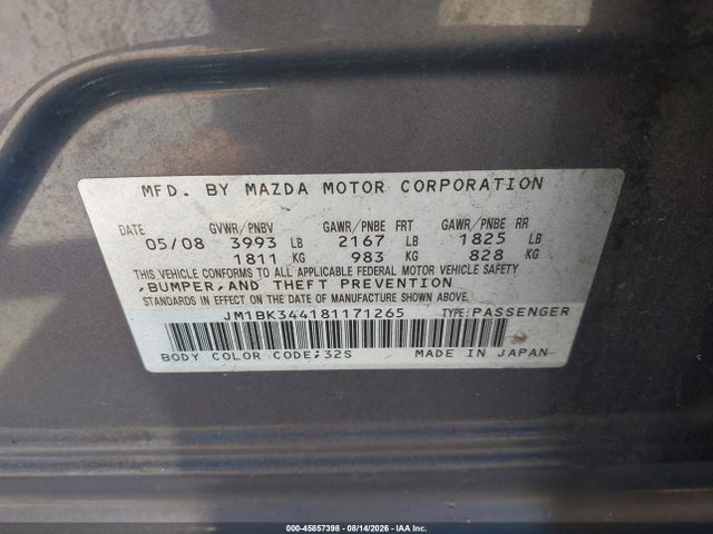 2008 Mazda Mazda3 S Touring მანქანა იყიდება აუქციონზე, vin: JM1BK344181171265, აუქციონის ნომერი: 45857398