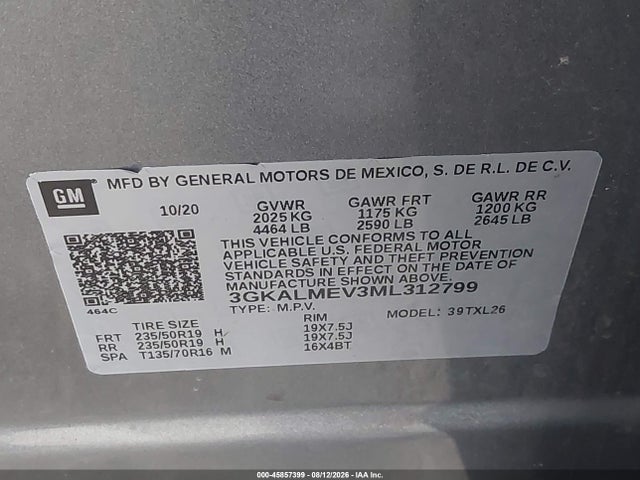 Aukcja sprzedaży 2021 Gmc Terrain Fwd Sle, vin: 3GKALMEV3ML312799, numer aukcji: 45857399