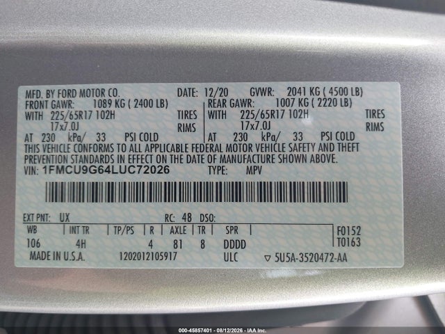 Продажа на аукционе авто 2020 Ford Escape Se, vin: 1FMCU9G64LUC72026, номер лота: 45857401