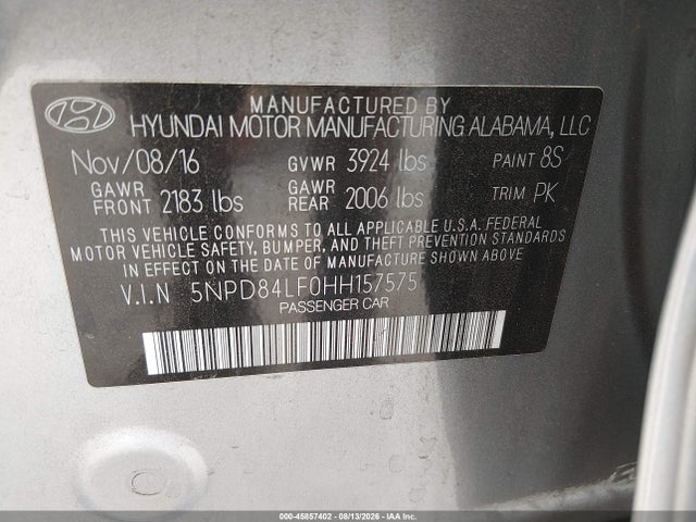 5NPD84LF0HH157575 Hyundai ELANTRA SE
