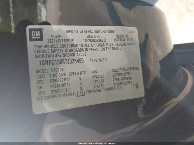 2007 Chevrolet Tahoe C1500 მანქანა იყიდება აუქციონზე, vin: 1GNFC13037J335459, აუქციონის ნომერი: 45857426