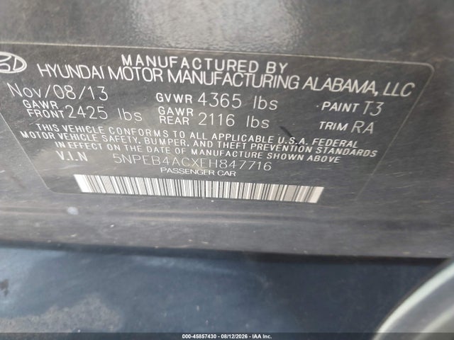 45857430 :رقم المزاد ، 5NPEB4ACXEH847716 vin ، 2014 Hyundai Sonata Gls مزاد بيع