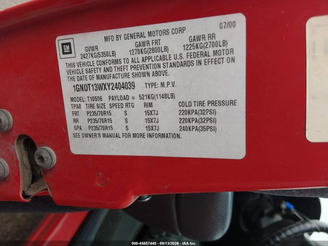 Aukcja sprzedaży 2000 Chevrolet Blazer Ls, vin: 1GNDT13WXY2404039, numer aukcji: 45857440