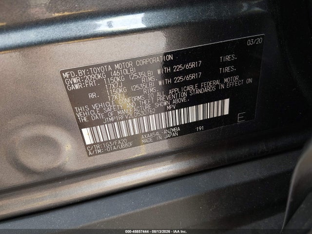 2020 Toyota Rav4 Xle მანქანა იყიდება აუქციონზე, vin: JTMP1RFV2LD530762, აუქციონის ნომერი: 45857444