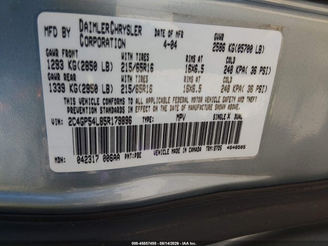 Aukcja sprzedaży 2005 Chrysler Town & Country Touring, vin: 2C4GP54L85R179896, numer aukcji: 45857455