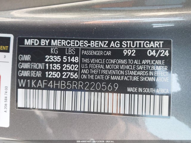 Aukcja sprzedaży 2024 Mercedes-benz C 300, vin: W1KAF4HB5RR220569, numer aukcji: 45857457