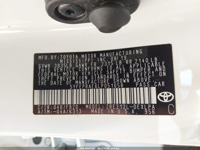 2020 Toyota Corolla Le მანქანა იყიდება აუქციონზე, vin: 5YFEPRAE6LP051058, აუქციონის ნომერი: 45857467