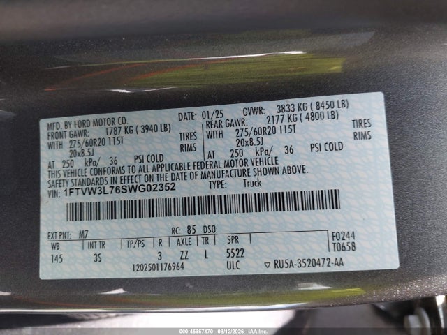45857470 :رقم المزاد ، 1FTVW3L76SWG02352 vin ، 2025 Ford F-150 Lightning Flash مزاد بيع