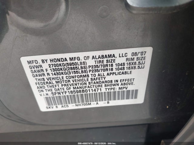 Aukcja sprzedaży 2008 Honda Pilot Ex-l, vin: 5FNYF18598B011471, numer aukcji: 45857479