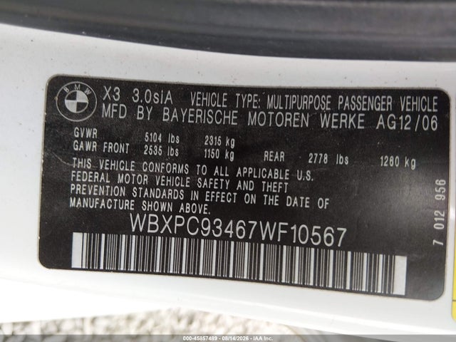 Auction sale of the 2007 Bmw X3 3.0si, vin: WBXPC93467WF10567, lot number: 45857489