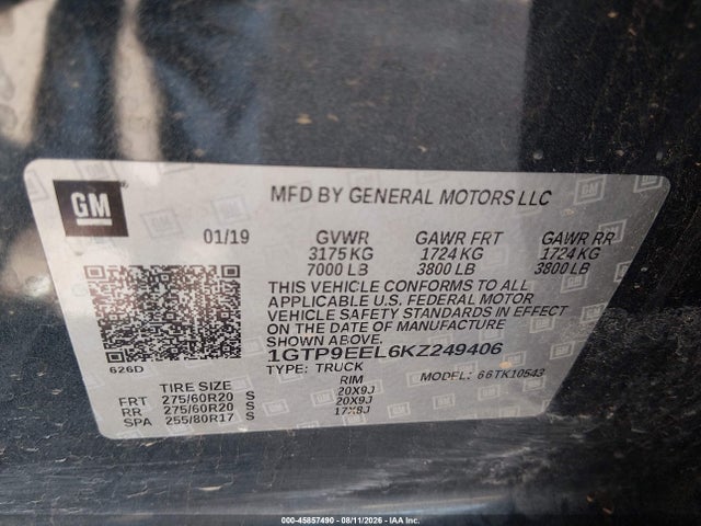2019 Gmc Sierra 1500 At4 მანქანა იყიდება აუქციონზე, vin: 1GTP9EEL6KZ249406, აუქციონის ნომერი: 45857490