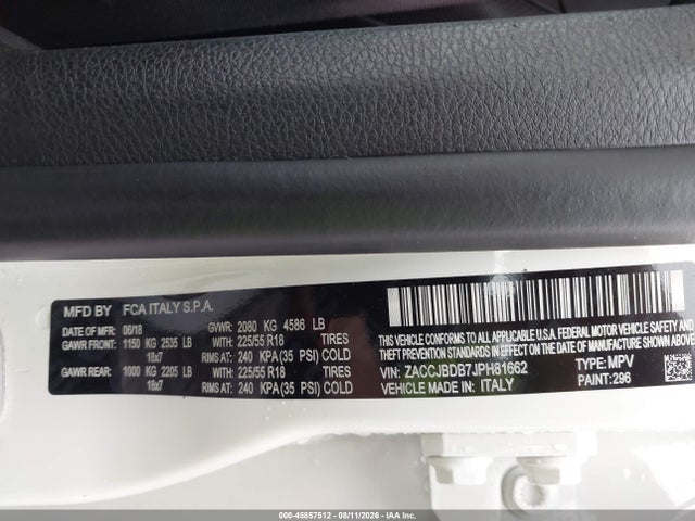 2018 Jeep Renegade Limited 4x4 მანქანა იყიდება აუქციონზე, vin: ZACCJBDB7JPH81662, აუქციონის ნომერი: 45857512