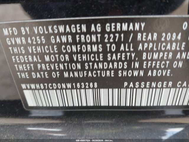 45857524 :رقم المزاد ، WVWH87CD0NW163268 vin ، 2022 Volkswagen Golf Gti 2.0t S مزاد بيع