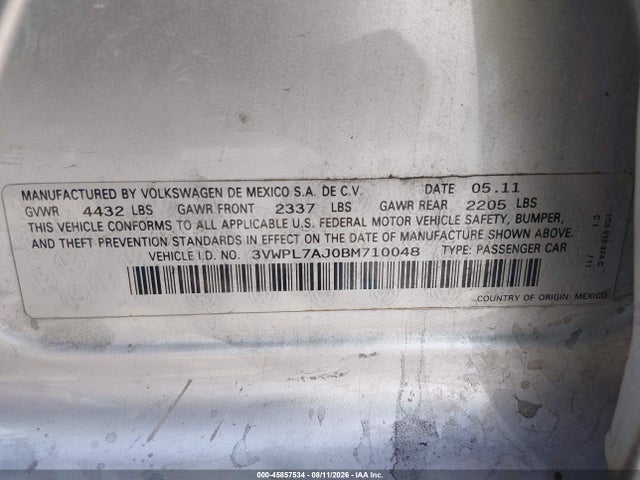 2011 Volkswagen Jetta Sportwagen 2.0l Tdi მანქანა იყიდება აუქციონზე, vin: 3VWPL7AJ0BM710048, აუქციონის ნომერი: 45857534