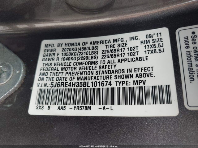 Продаж на аукціоні авто 2011 Honda Cr-v Lx, vin: 5J6RE4H35BL101674, номер лоту: 45857535