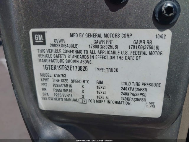Продажа на аукционе авто 2003 Gmc Sierra 1500 Sle, vin: 1GTEK19T63E170826, номер лота: 45857541