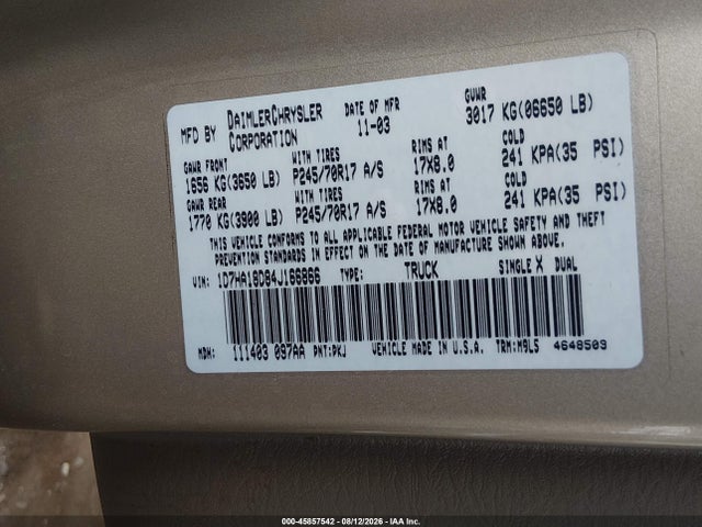 Продажа на аукционе авто 2004 Dodge Ram 1500 Slt/laramie, vin: 1D7HA18D84J166866, номер лота: 45857542