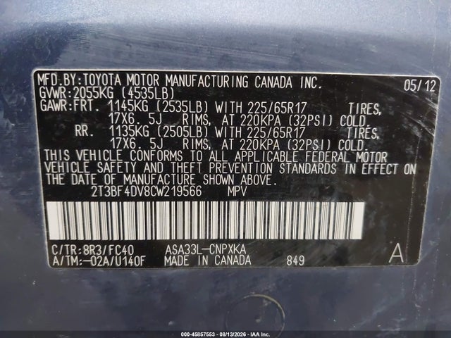2012 Toyota Rav4 მანქანა იყიდება აუქციონზე, vin: 2T3BF4DV8CW219566, აუქციონის ნომერი: 45857553