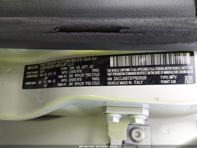 2015 Jeep Renegade Latitude მანქანა იყიდება აუქციონზე, vin: ZACCJABT2FPB25026, აუქციონის ნომერი: 45857559