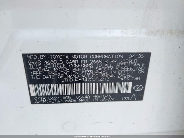 Продажа на аукционе авто 2007 Lexus Es 350, vin: JTHBJ46G472015213, номер лота: 45857562