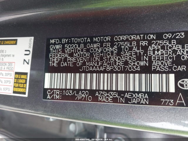 45857566 :رقم المزاد ، JTDAAAAF8P3017034 vin ، 2023 Toyota Crown Limited مزاد بيع