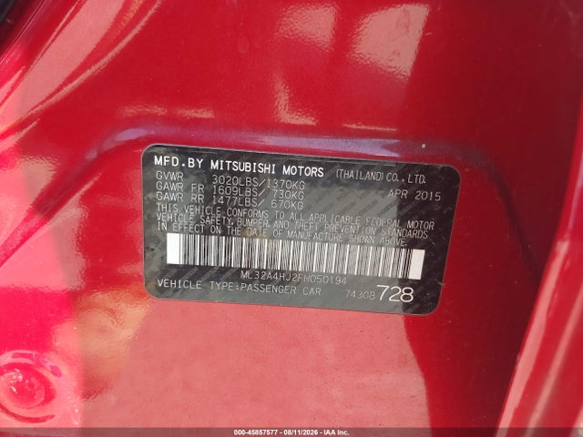 45857577 :رقم المزاد ، ML32A4HJ2FH050194 vin ، 2015 Mitsubishi Mirage Es مزاد بيع