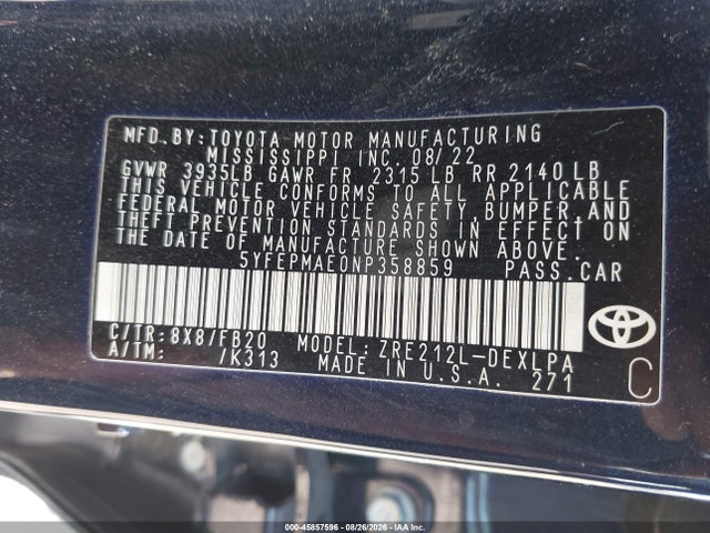 Aukcja sprzedaży 2022 Toyota Corolla Le, vin: 5YFEPMAE0NP358859, numer aukcji: 45857596