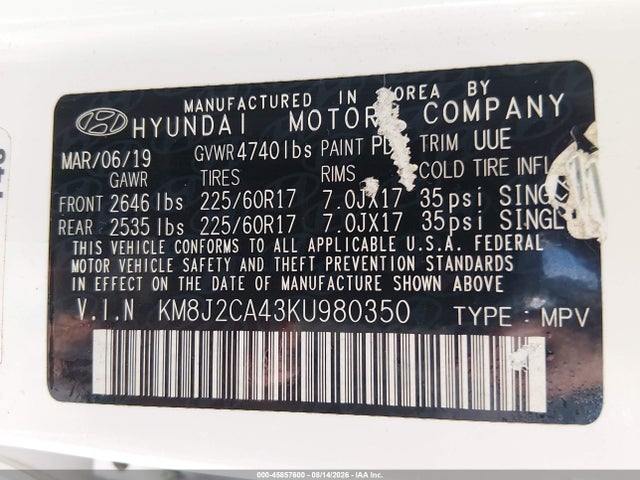 45857600 :رقم المزاد ، KM8J2CA43KU980350 vin ، 2019 Hyundai Tucson Se مزاد بيع
