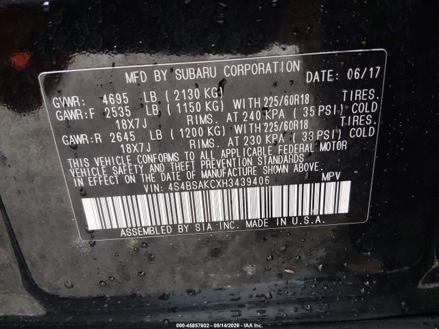 Продаж на аукціоні авто 2017 Subaru Outback 2.5i Limited, vin: 4S4BSAKCXH3439406, номер лоту: 45857602
