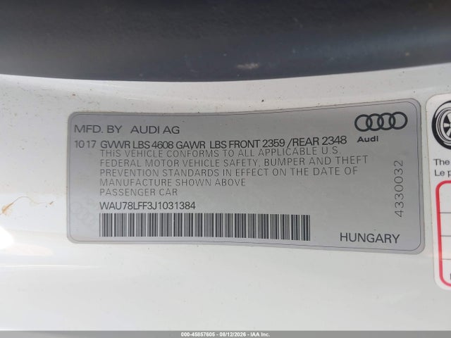 45857605 :رقم المزاد ، WAU78LFF3J1031384 vin ، 2018 Audi A3 2.0t Premium/2.0t Tech Premium مزاد بيع