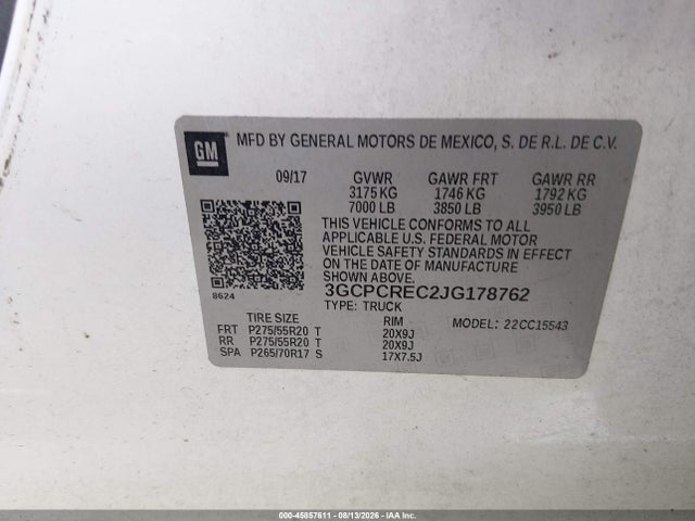 Продаж на аукціоні авто 2018 Chevrolet Silverado 1500 1lt, vin: 3GCPCREC2JG178762, номер лоту: 45857611